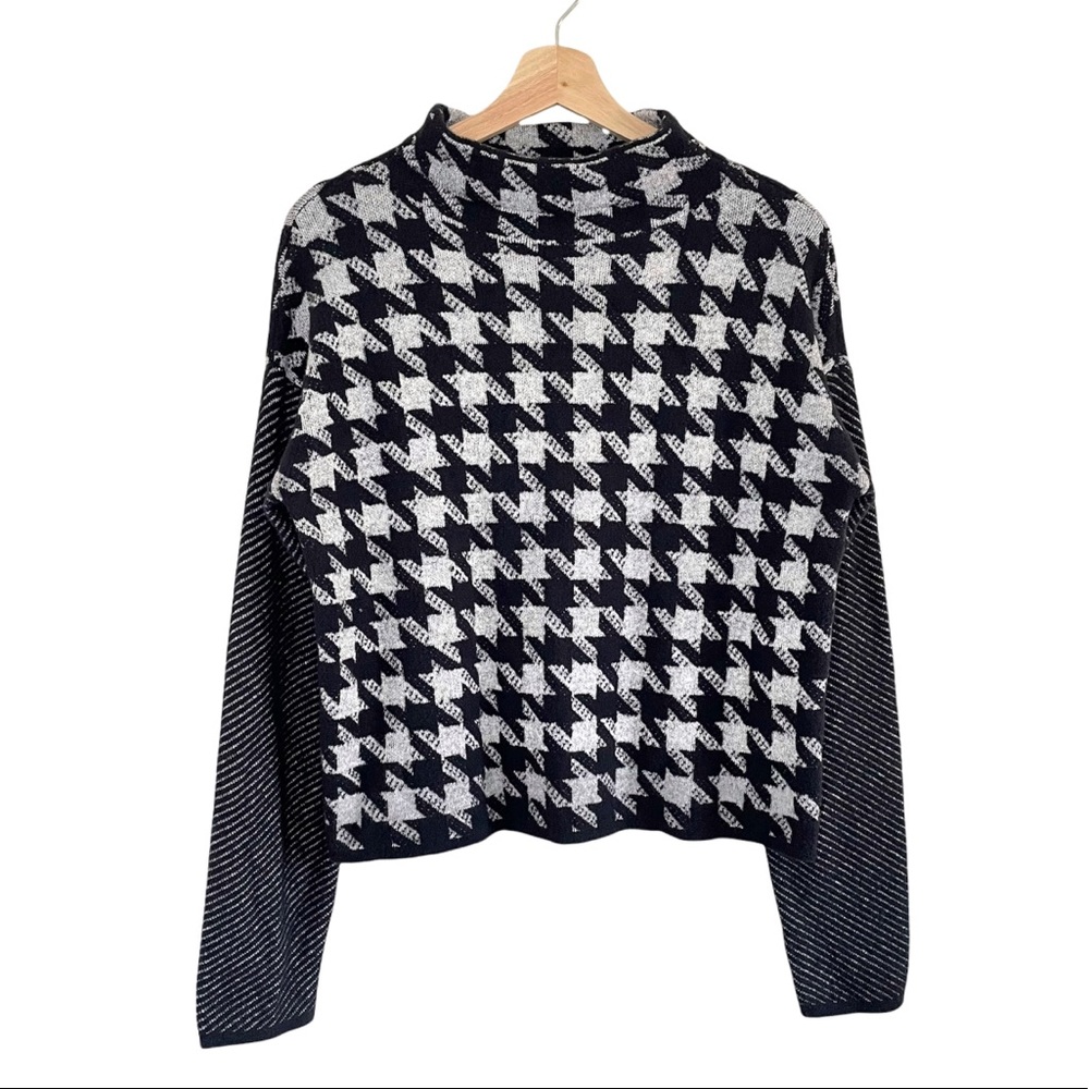 Ann Taylor Striped Sleeve Houndstooth Jacquard Mock Neck Sweater